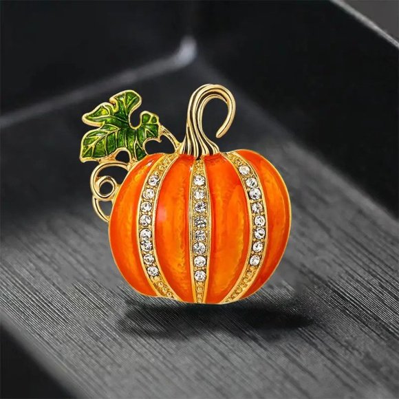 Gold Pumpkin Brooch Rhinestone Enamel Fall Halloween 2 3/4" - Picture 4 of 4